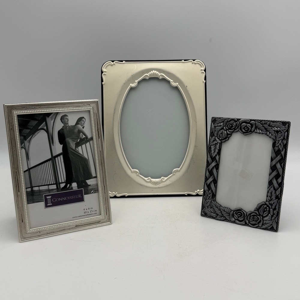 Vintage Silver & Cream Picture Frame Set Fetco Oval Connoisseur Beaded Rose 3pc